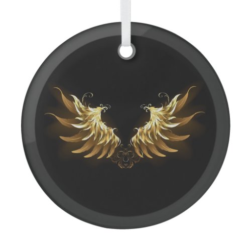 Golden Angel Wings on Black background Glass Ornament