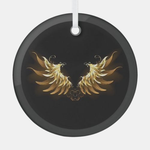 Golden Angel Wings on Black background Glass Ornament