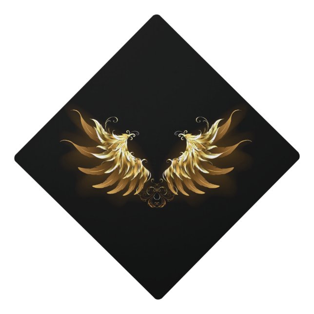Golden Angel Wings on Black background Graduation Cap Topper (Front)