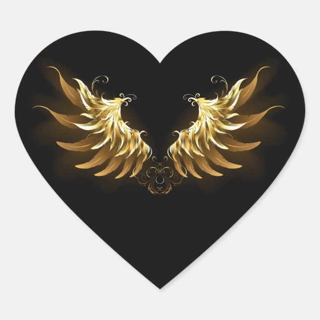 Golden Angel Wings on Black background Heart Sticker (Front)