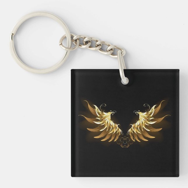 Golden Angel Wings on Black background Keychain (Front)