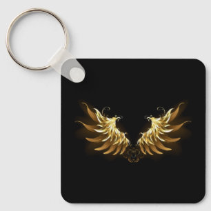 Golden Angel Wings on Black background Keychain