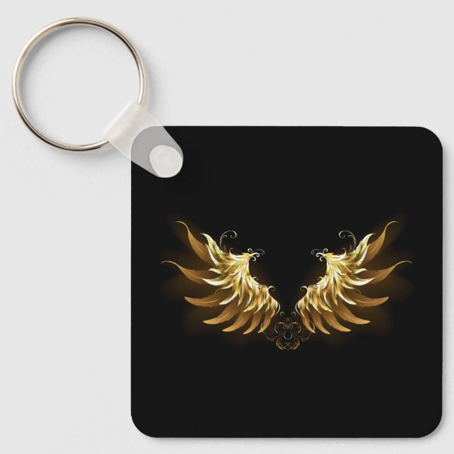 Golden Angel Wings on Black background Keychain (Front)
