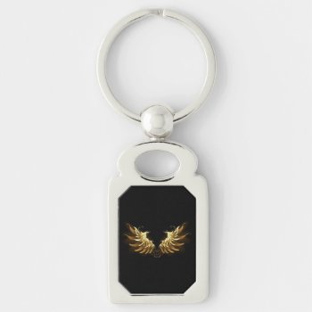 Golden Angel Wings On Black Background Keychain by Blackmoon9 at Zazzle