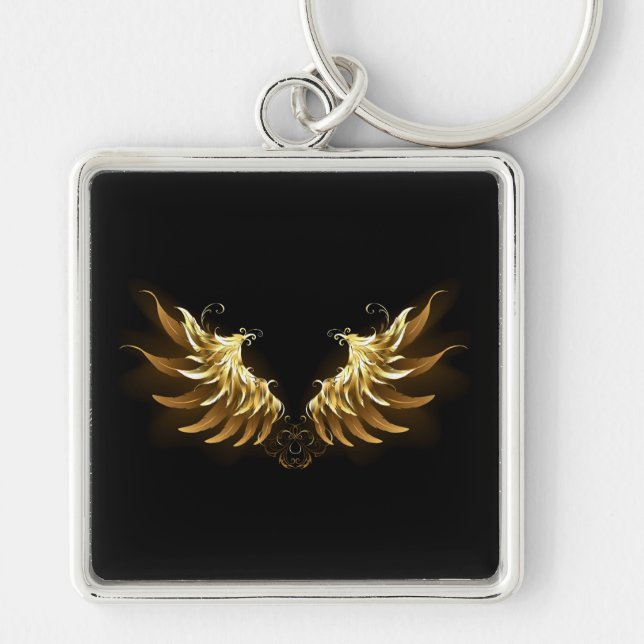 Golden Angel Wings on Black background Keychain (Front)