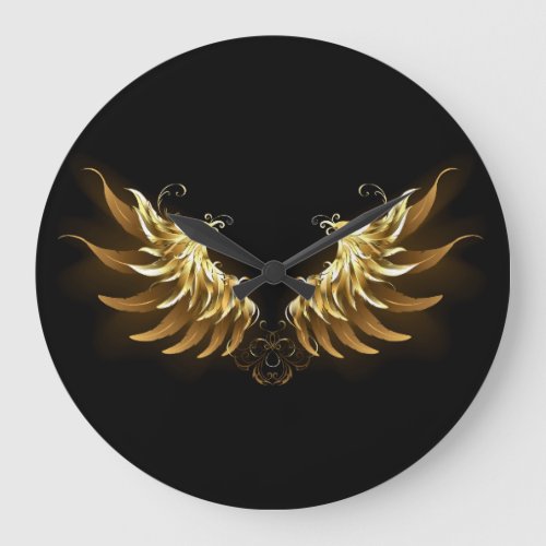 Golden Angel Wings on Black background Large Clock