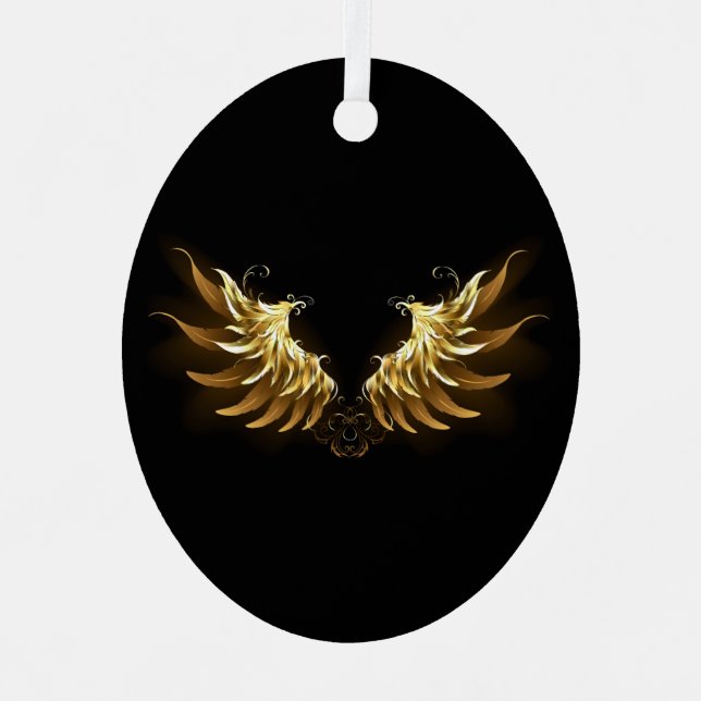 Golden Angel Wings on Black background Metal Ornament (Front)