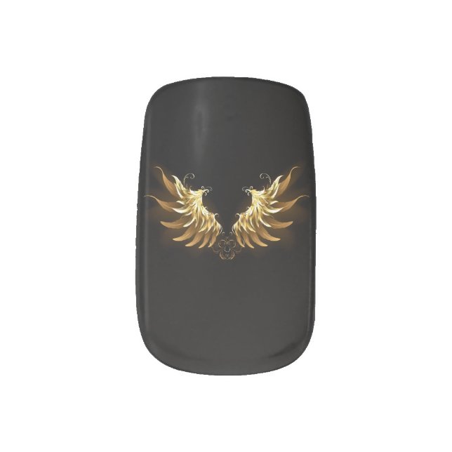 Golden Angel Wings on Black background Minx Nail Art (Left Thumb)