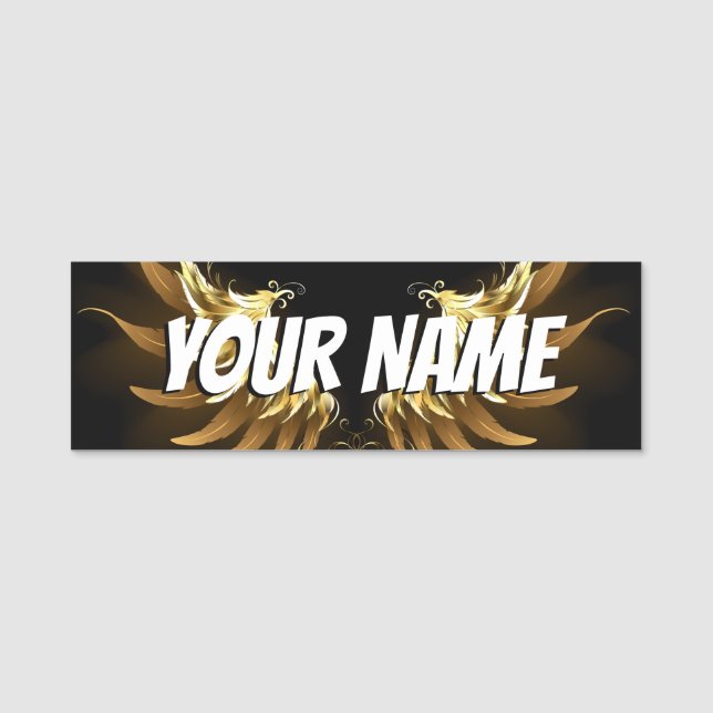 Golden Angel Wings on Black background Name Tag (Front)