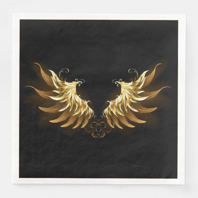 Golden Angel Wings on Black background Paper Dinner Napkins (Front)