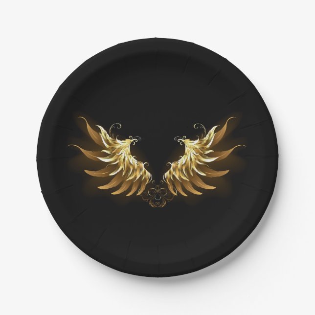 Golden Angel Wings on Black background Paper Plates (Front)