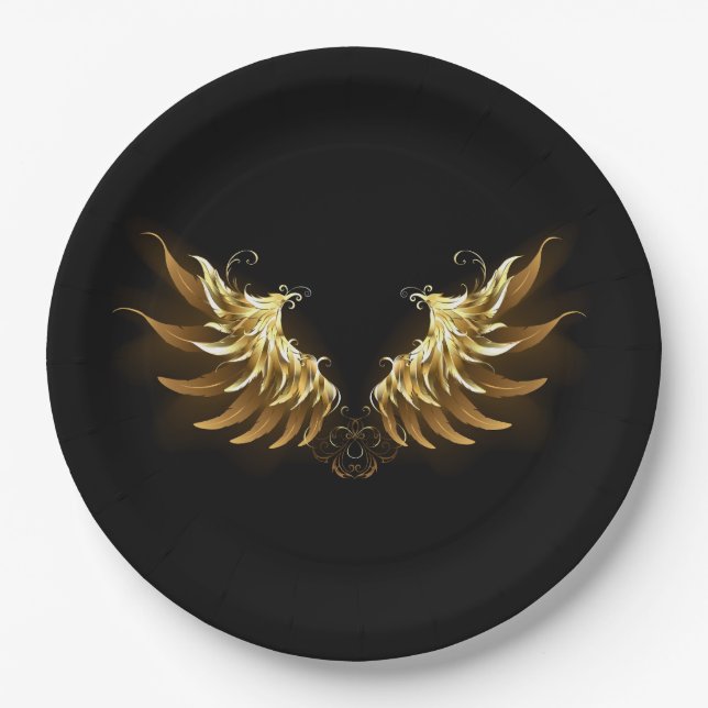 Golden Angel Wings on Black background Paper Plates (Front)