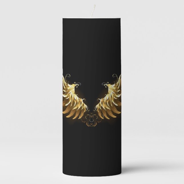 Golden Angel Wings on Black background Pillar Candle (Front)