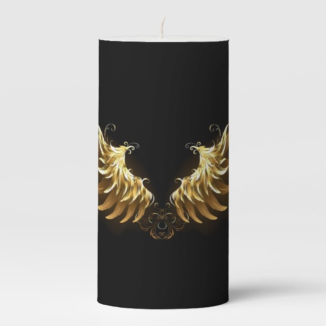 Golden Angel Wings on Black background Pillar Candle (Front)