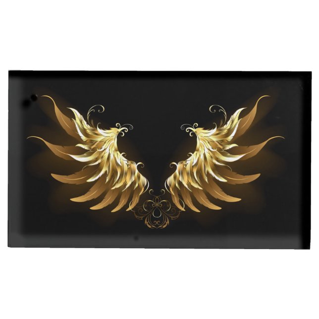 Golden Angel Wings on Black background Place Card Holder (Front)