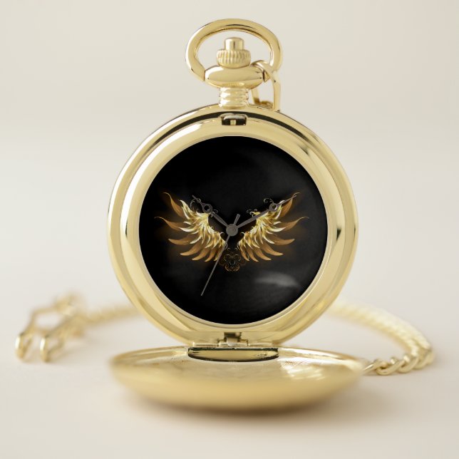 Golden Angel Wings on Black background Pocket Watch (Inside)