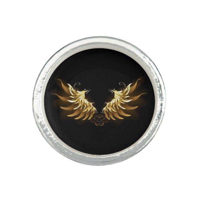 Golden Angel Wings on Black background Ring (Front)