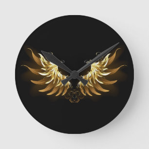 Golden Angel Wings on Black background Round Clock