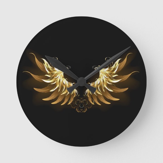 Golden Angel Wings on Black background Round Clock (Front)