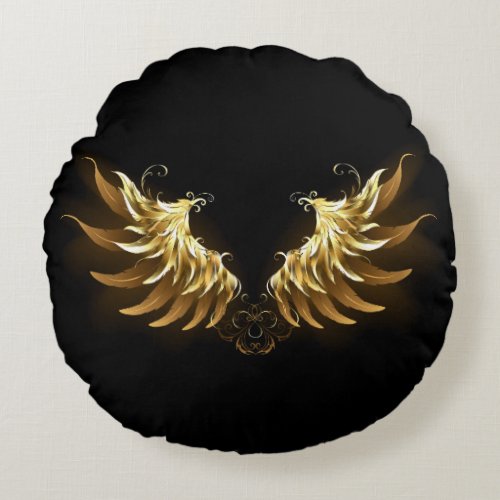 Golden Angel Wings on Black background Round Pillow