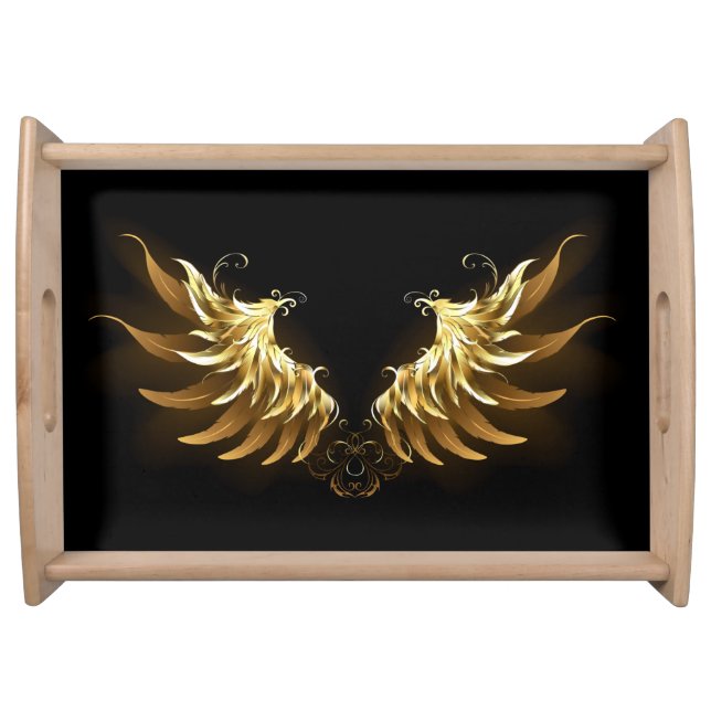 Golden Angel Wings on Black background Serving Tray (Front)