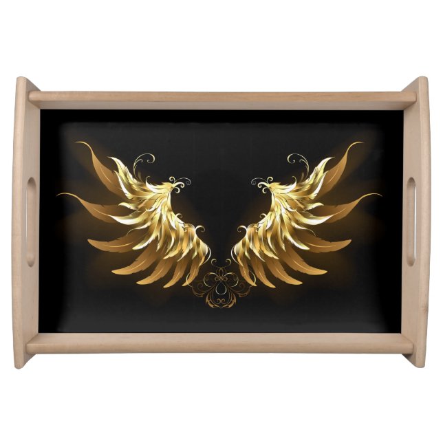Golden Angel Wings on Black background Serving Tray (Front)