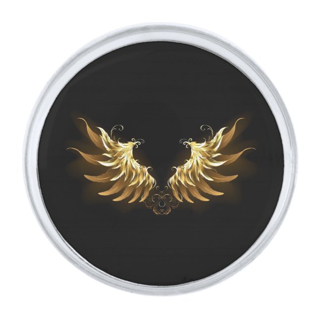 Golden Angel Wings on Black background Silver Finish Lapel Pin (Front)