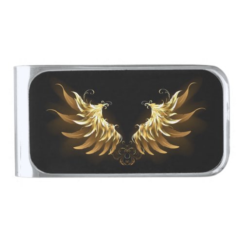 Golden Angel Wings on Black background Silver Finish Money Clip