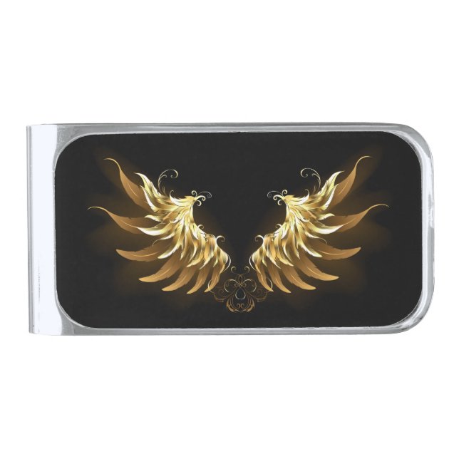 Golden Angel Wings on Black background Silver Finish Money Clip (Front)
