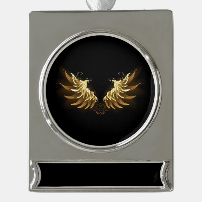 Golden Angel Wings on Black background Silver Plated Banner Ornament (Front)