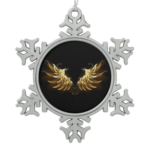 Golden Angel Wings on Black background Snowflake Pewter Christmas Ornament