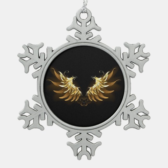 Golden Angel Wings on Black background Snowflake Pewter Christmas Ornament (Front)
