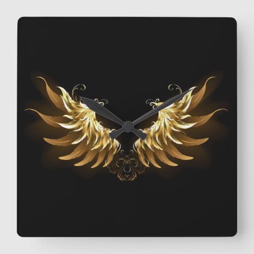 Golden Angel Wings on Black background Square Wall Clock