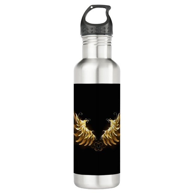 Golden Angel Wings on Black background Stainless Steel Water Bottle (Front)