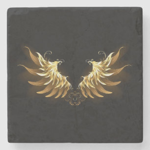 Golden Angel Wings on Black background Stone Coaster