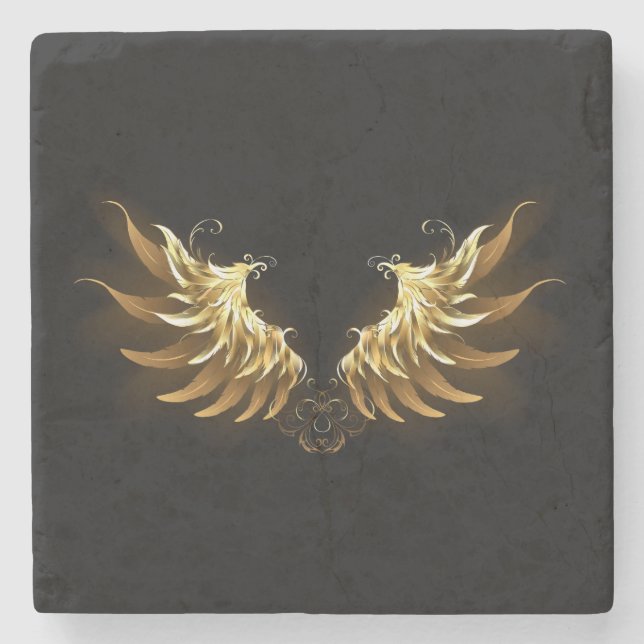 Golden Angel Wings on Black background Stone Coaster (Front)