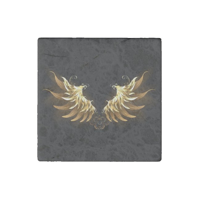 Golden Angel Wings on Black background Stone Magnet (Front)