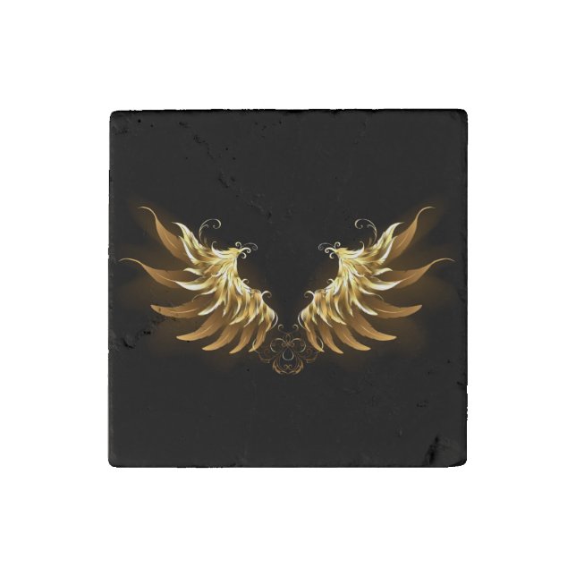 Golden Angel Wings on Black background Stone Magnet (Front)