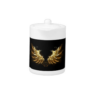 Golden Angel Wings on Black background Teapot