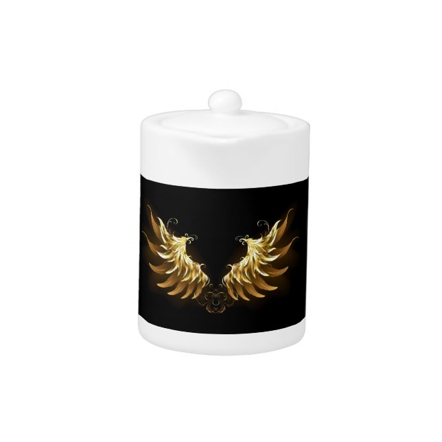 Golden Angel Wings on Black background Teapot (Front)