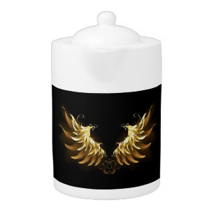 Golden Angel Wings on Black background Teapot