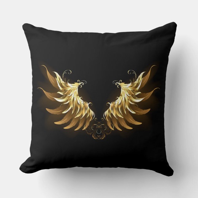 Golden Angel Wings on Black background Throw Pillow (Front)