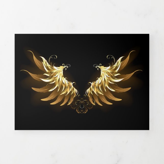 Golden Angel Wings on Black background Tri-Fold Holiday Card (Cover)