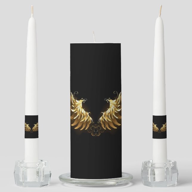 Golden Angel Wings on Black background Unity Candle Set (Front)
