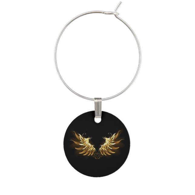 Golden Angel Wings on Black background Wine Charm (Front)