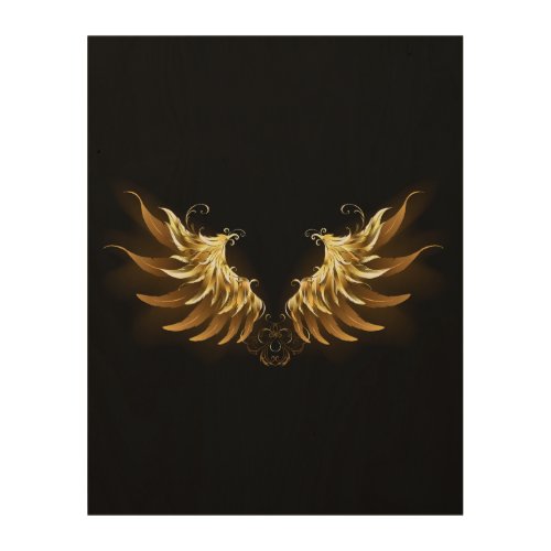 Golden Angel Wings on Black background Wood Wall Art