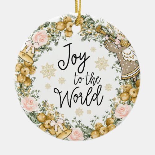 Golden Angels Floral Joy to the World Christmas Ceramic Ornament