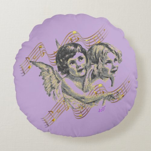 Golden Angels Music Swirl Lavender Round Pillow