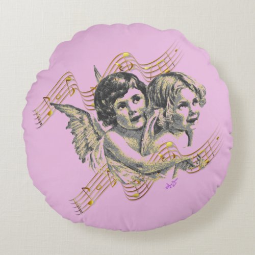 Golden Angels Music Swirl Soft Pink Round Pillow