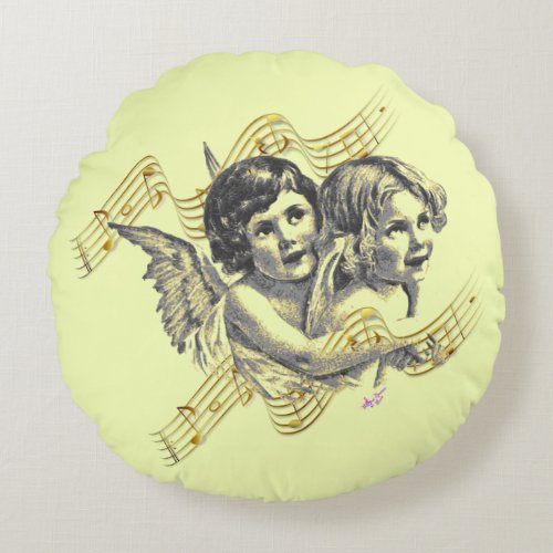 Golden Angels Music Swirl Soft Yellow Round Pillow